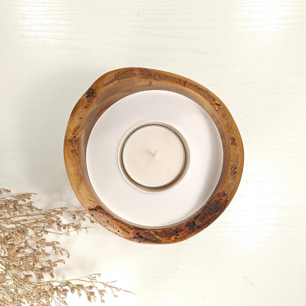 Teelicht-Kerze in Olivenholzschale, TRC-L-00185, D 14cm, 60mm Teelicht