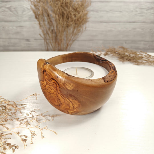 Teelicht-Kerze in Olivenholzschale, TRC-L-00185, D 14cm, 60mm Teelicht