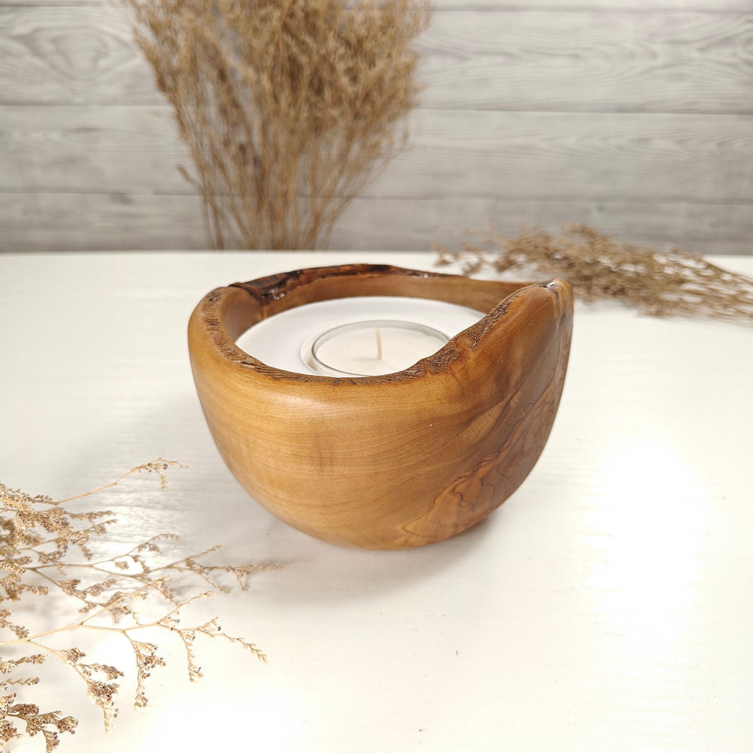 Teelicht-Kerze in Olivenholzschale, TRC-L-00185, D 14cm, 60mm Teelicht
