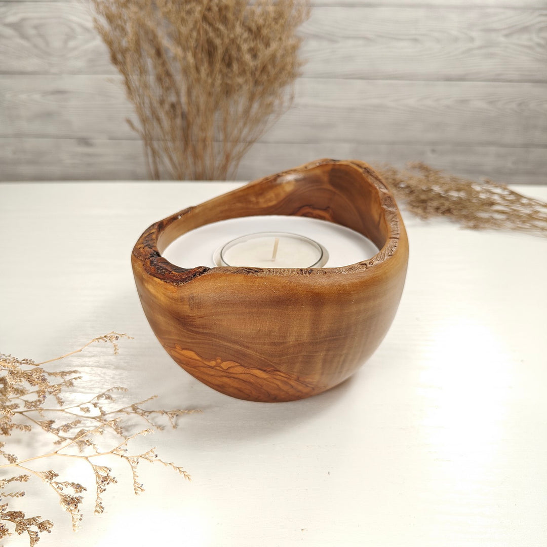 Teelicht-Kerze in Olivenholzschale, TRC-L-00185, D 14cm, 60mm Teelicht