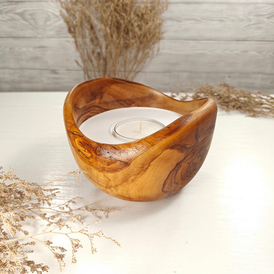 Teelicht-Kerze in Olivenholzschale, TRC-L-00186, D 15cm, 60mm Teelicht