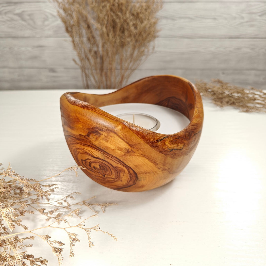 Teelicht-Kerze in Olivenholzschale, TRC-L-00186, D 15cm, 60mm Teelicht