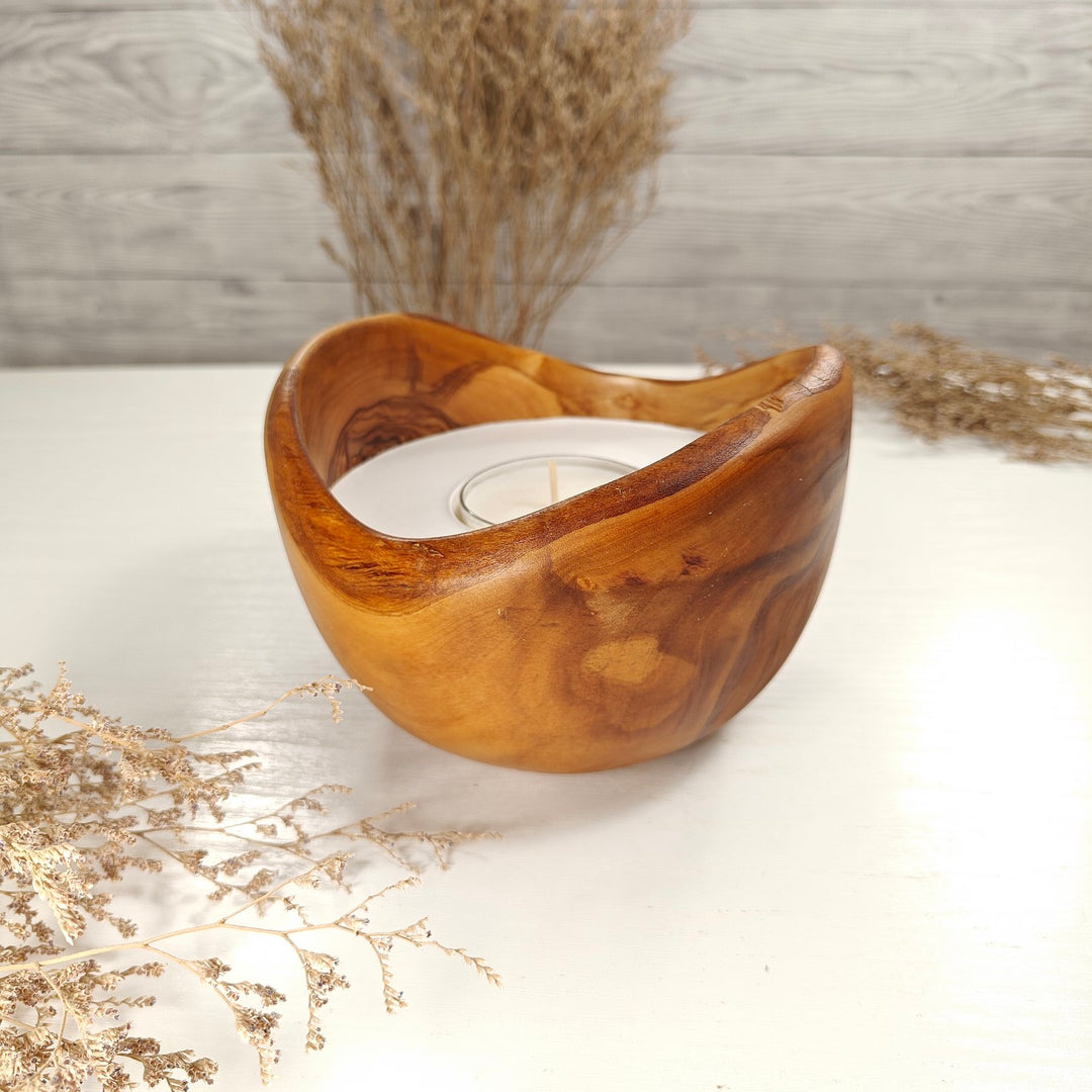 Teelicht-Kerze in Olivenholzschale, TRC-L-00186, D 15cm, 60mm Teelicht
