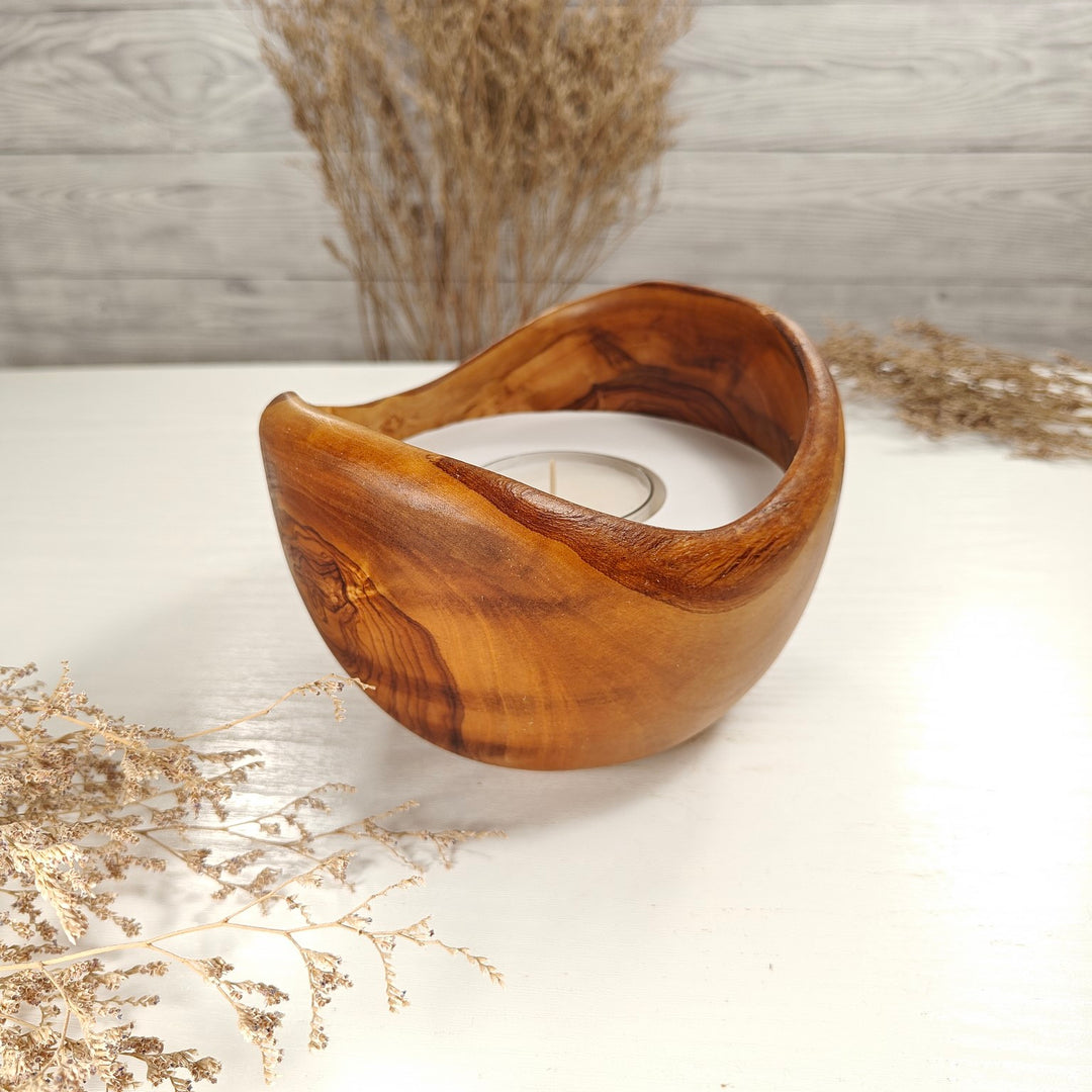 Teelicht-Kerze in Olivenholzschale, TRC-L-00186, D 15cm, 60mm Teelicht