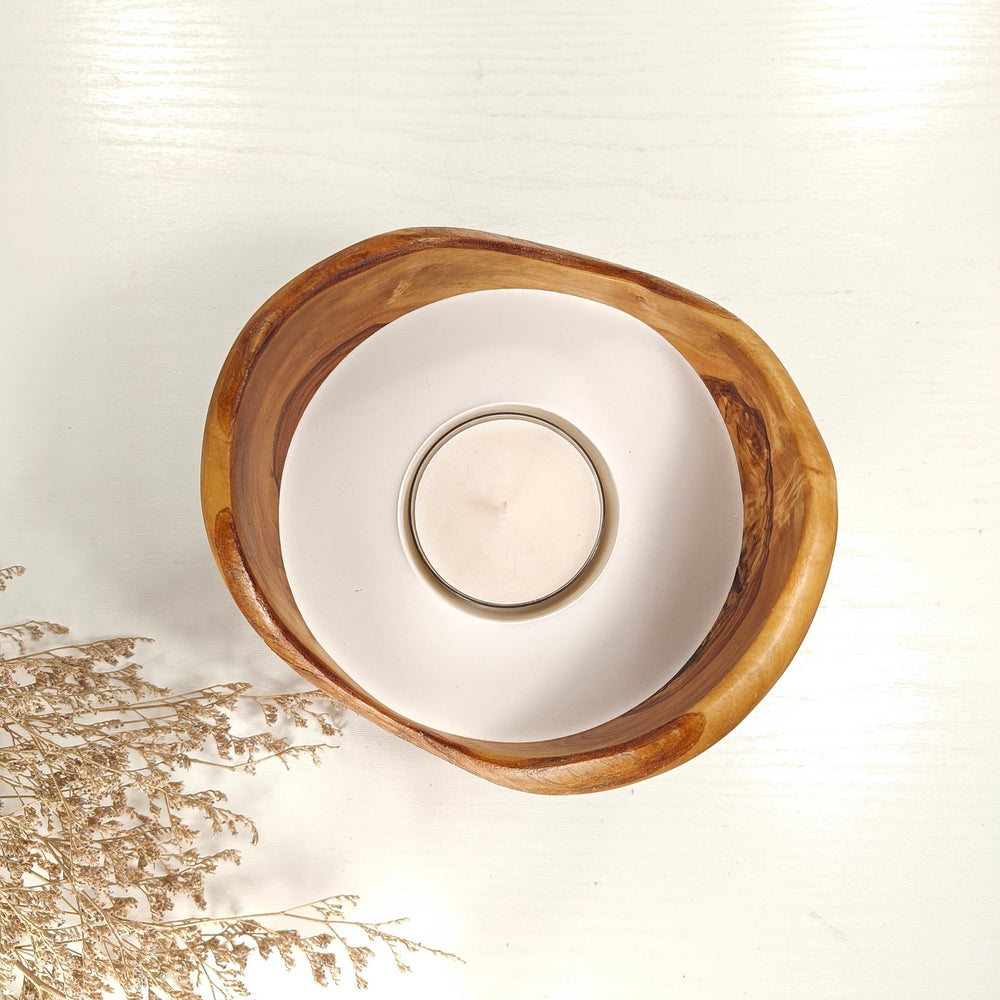 Teelicht-Kerze in Olivenholzschale, TRC-L-00187, D 15cm, 60mm Teelicht