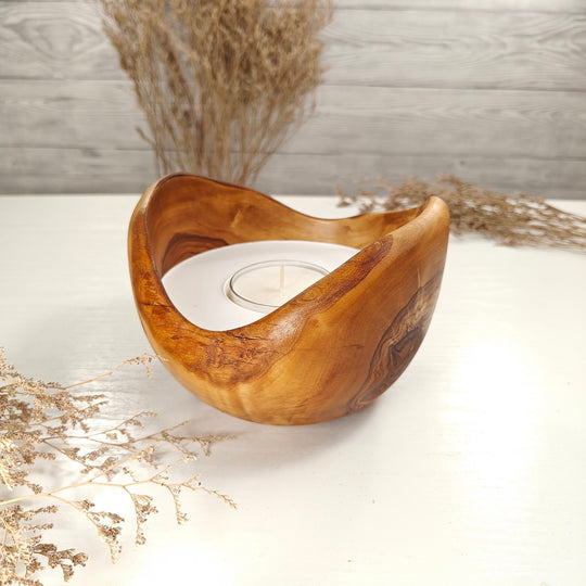 Teelicht-Kerze in Olivenholzschale, TRC-L-00187, D 15cm, 60mm Teelicht