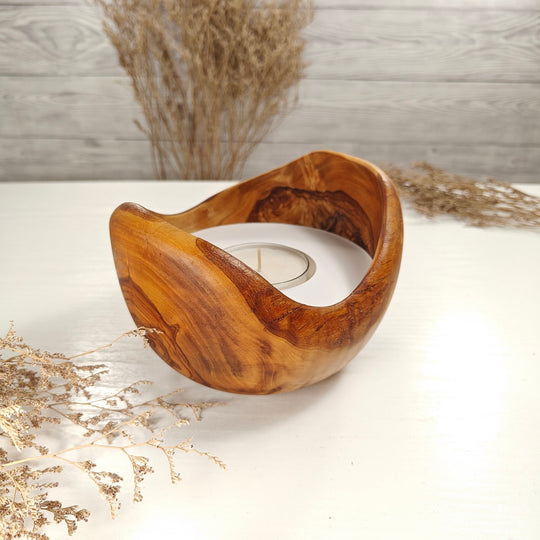 Teelicht-Kerze in Olivenholzschale, TRC-L-00187, D 15cm, 60mm Teelicht