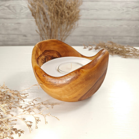 Teelicht-Kerze in Olivenholzschale, TRC-L-00187, D 15cm, 60mm Teelicht