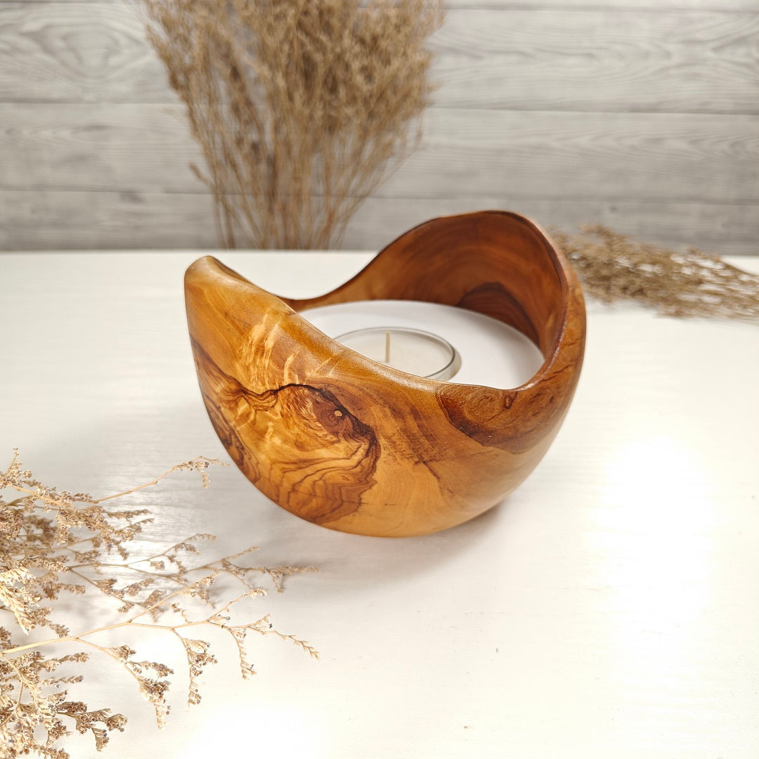 Teelicht-Kerze in Olivenholzschale, TRC-L-00187, D 15cm, 60mm Teelicht