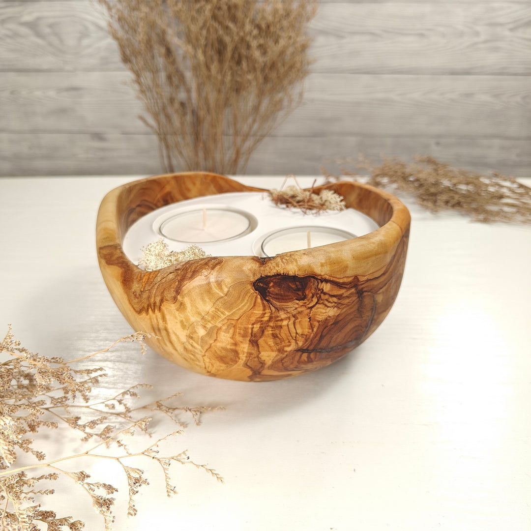 Teelicht-Kerze in Olivenholzschale, TRC-XL-00030, D 17cm, 60mm Teelicht