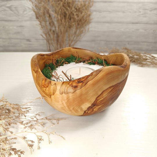 Teelicht-Kerze in Olivenholzschale, TRC-XL-00031, D 17cm, 60mm Teelicht