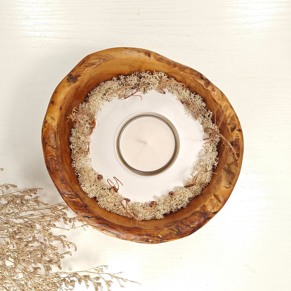 Teelicht-Kerze in Olivenholzschale, TRC-XL-00032, D 17cm, 60mm Teelicht