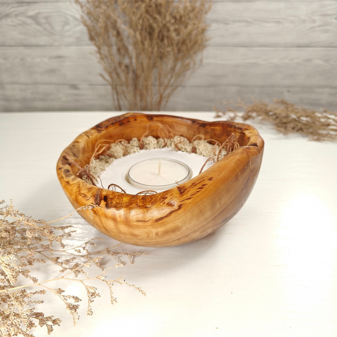 Teelicht-Kerze in Olivenholzschale, TRC-XL-00032, D 17cm, 60mm Teelicht