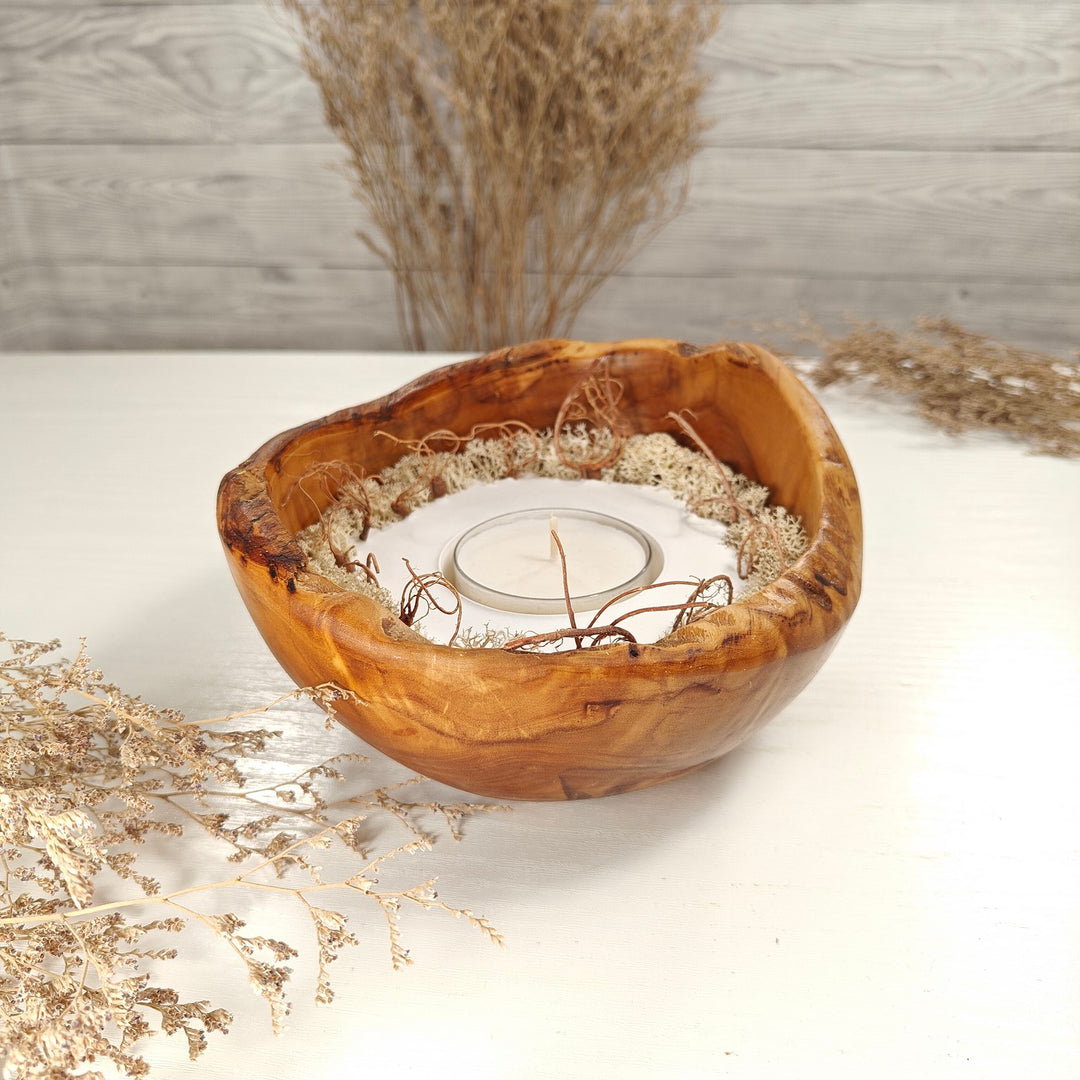 Teelicht-Kerze in Olivenholzschale, TRC-XL-00032, D 17cm, 60mm Teelicht