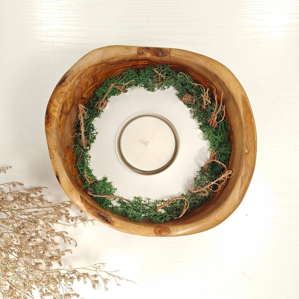 Teelicht-Kerze in Olivenholzschale, TRC-XL-00034, D 18cm, 60mm Teelicht