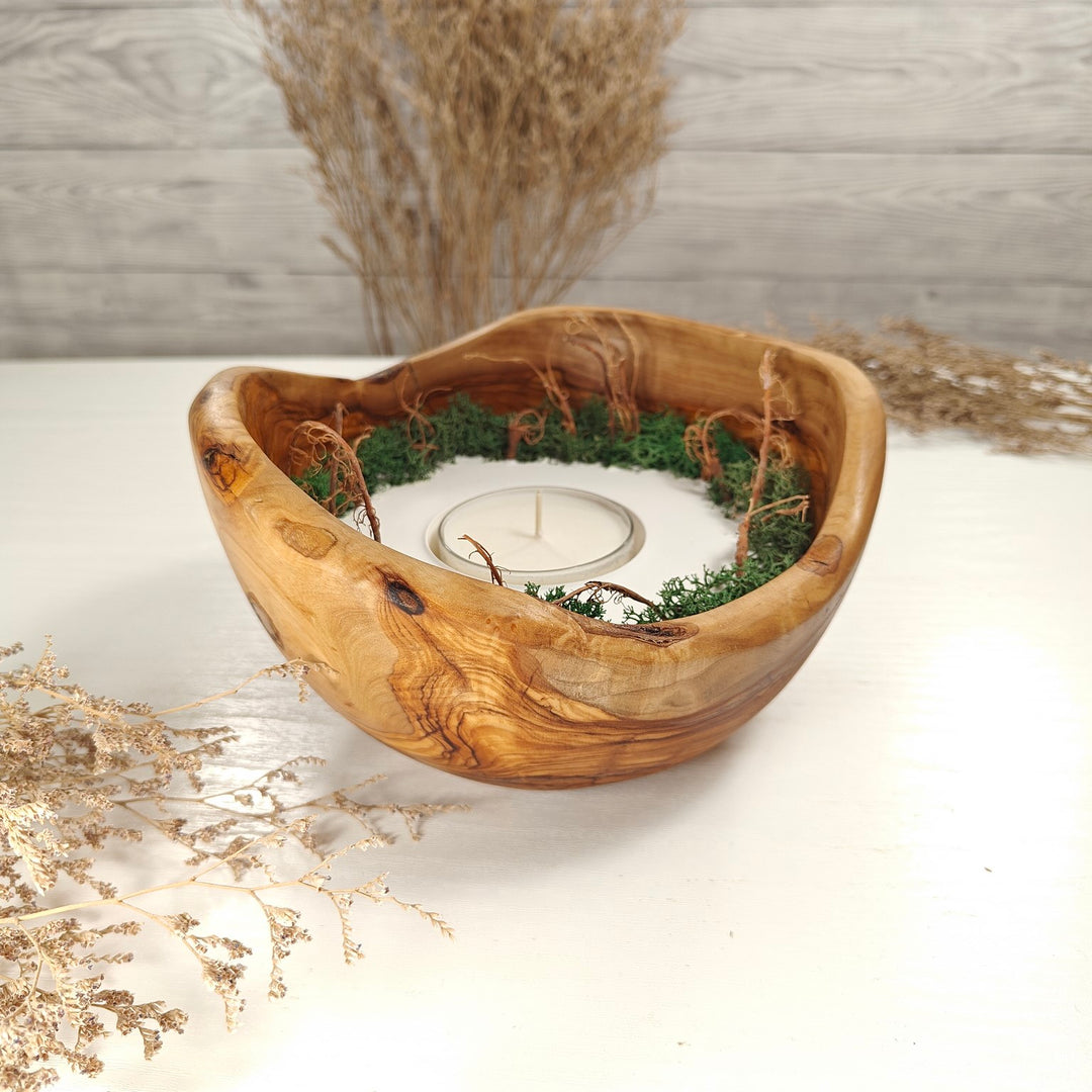 Teelicht-Kerze in Olivenholzschale, TRC-XL-00034, D 18cm, 60mm Teelicht