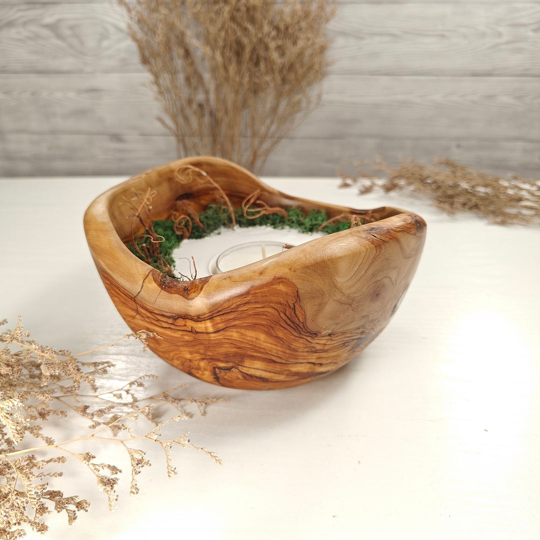 Teelicht-Kerze in Olivenholzschale, TRC-XL-00034, D 18cm, 60mm Teelicht