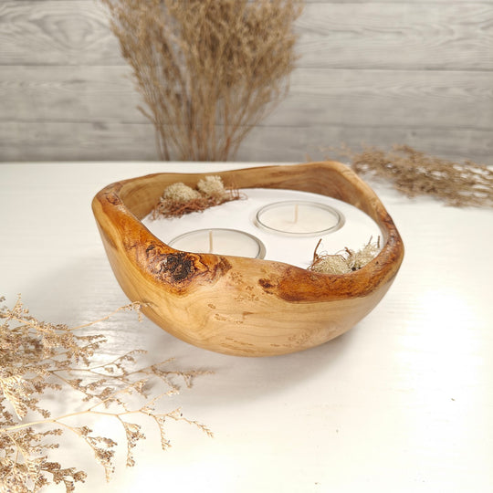 Teelicht-Kerze in Olivenholzschale, TRC-XL-00035, D 18cm, 60mm Teelicht
