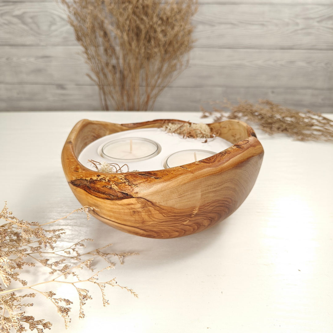 Teelicht-Kerze in Olivenholzschale, TRC-XL-00035, D 18cm, 60mm Teelicht