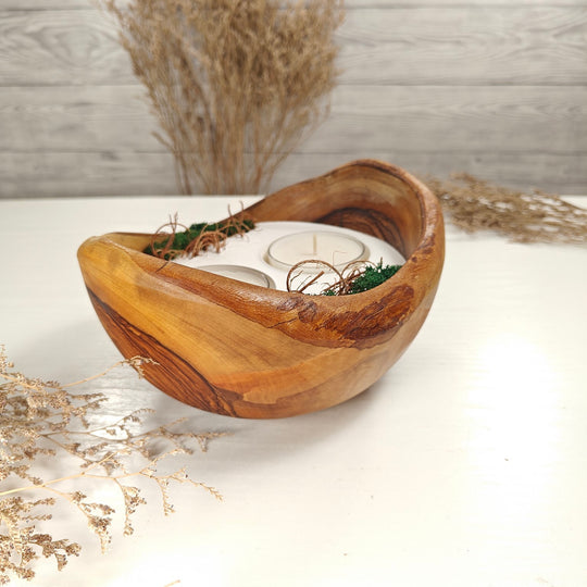 Teelicht-Kerze in Olivenholzschale, TRC-XL-00036, D 18cm, 60mm Teelicht
