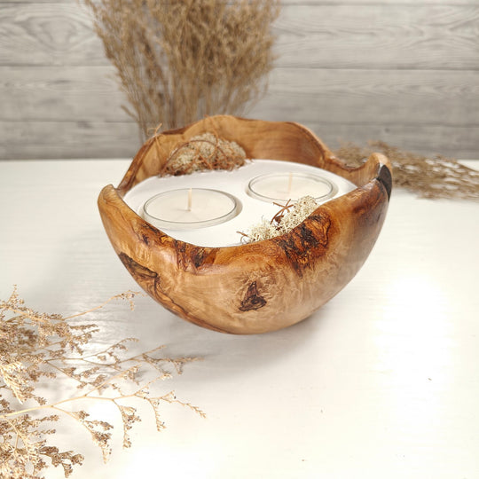 Teelicht-Kerze in Olivenholzschale, TRC-XL-00037, D 17cm, 60mm Teelicht