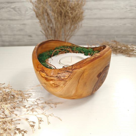 Teelicht-Kerze in Olivenholzschale, TRC-XL-00038, D 16cm, 60mm Teelicht