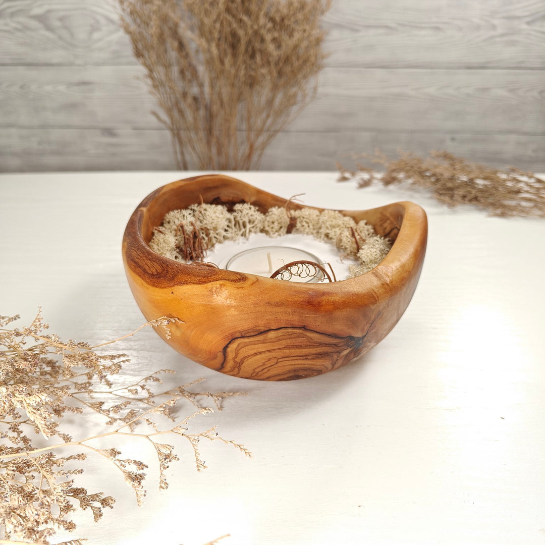 Teelicht-Kerze in Olivenholzschale, TRC-XL-00040, D 16cm, 60mm Teelicht