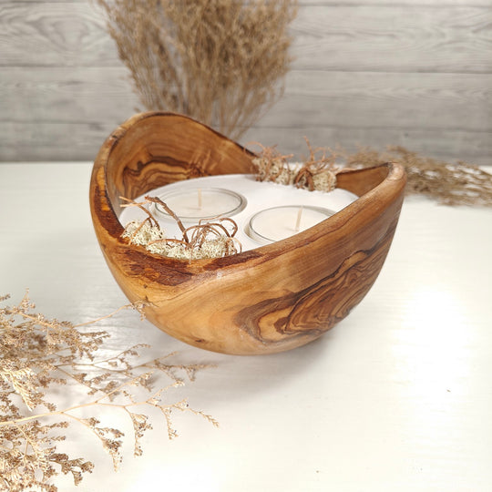 Teelicht-Kerze in Olivenholzschale, TRC-XL-00041, D 18cm, 60mm Teelicht