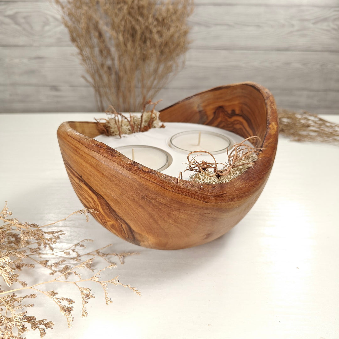 Teelicht-Kerze in Olivenholzschale, TRC-XL-00041, D 18cm, 60mm Teelicht