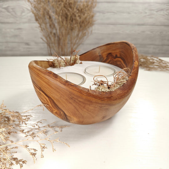 Teelicht-Kerze in Olivenholzschale, TRC-XL-00041, D 18cm, 60mm Teelicht