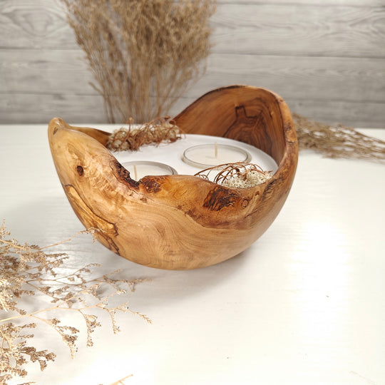 Teelicht-Kerze in Olivenholzschale, TRC-XL-00043, D 18cm, 60mm Teelicht