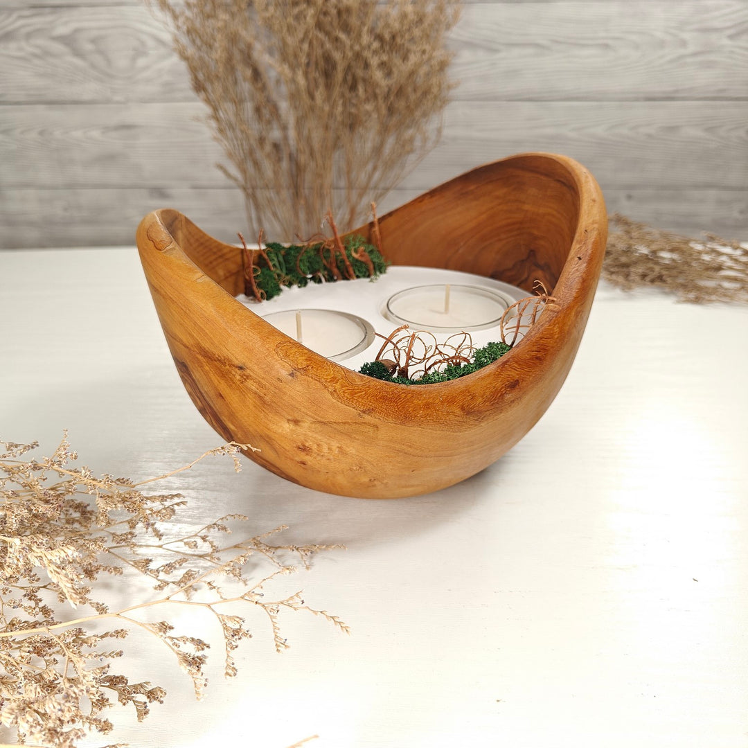 Teelicht-Kerze in Olivenholzschale, TRC-XL-00044, D 18cm, 60mm Teelicht