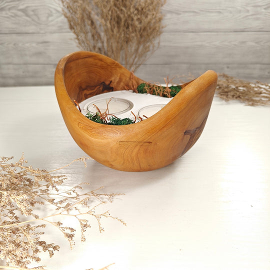 Teelicht-Kerze in Olivenholzschale, TRC-XL-00044, D 18cm, 60mm Teelicht