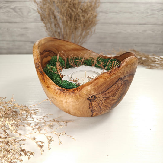Teelicht-Kerze in Olivenholzschale, TRC-XL-00046, D 18cm, 60mm Teelicht