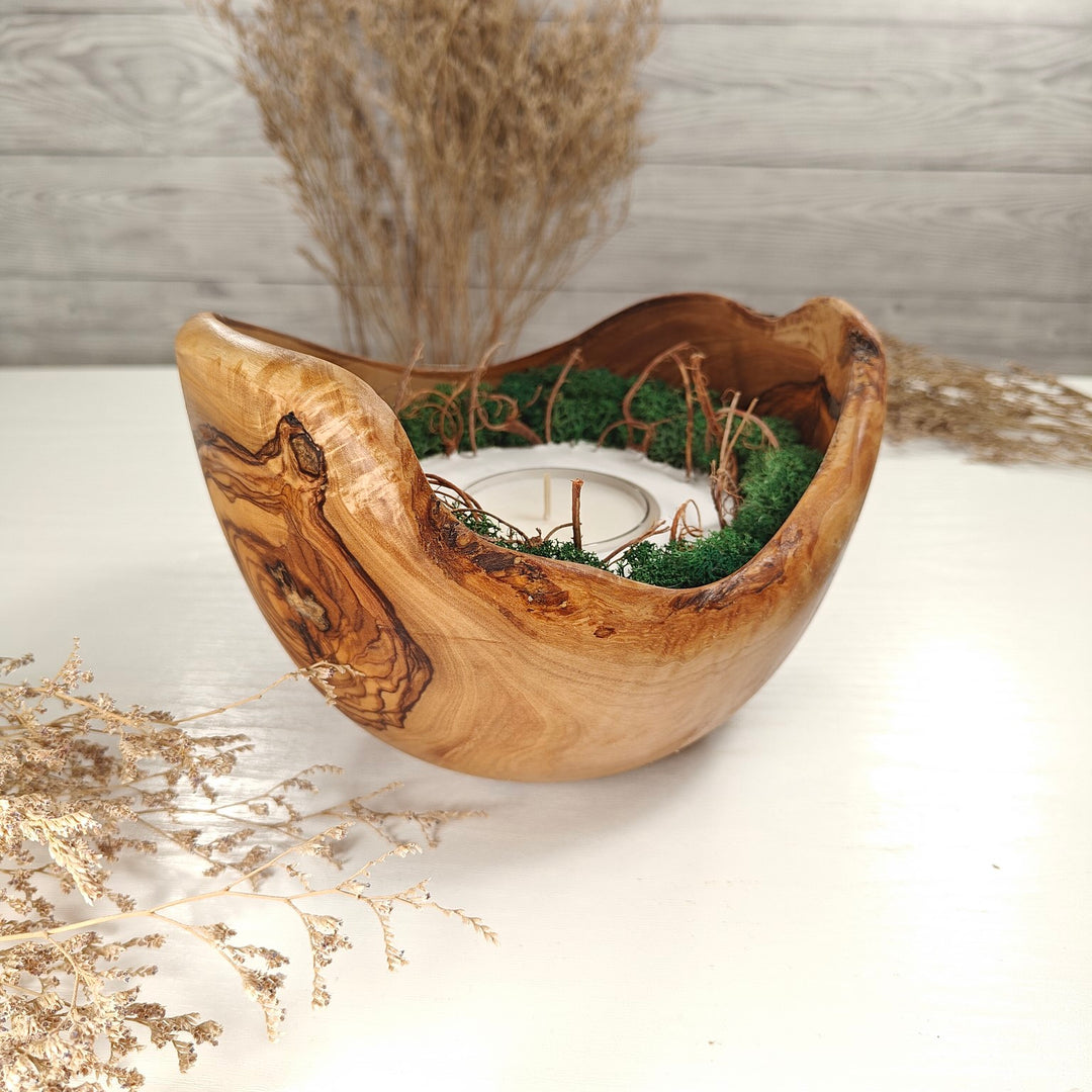 Teelicht-Kerze in Olivenholzschale, TRC-XL-00046, D 18cm, 60mm Teelicht