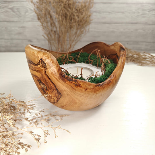 Teelicht-Kerze in Olivenholzschale, TRC-XL-00046, D 18cm, 60mm Teelicht