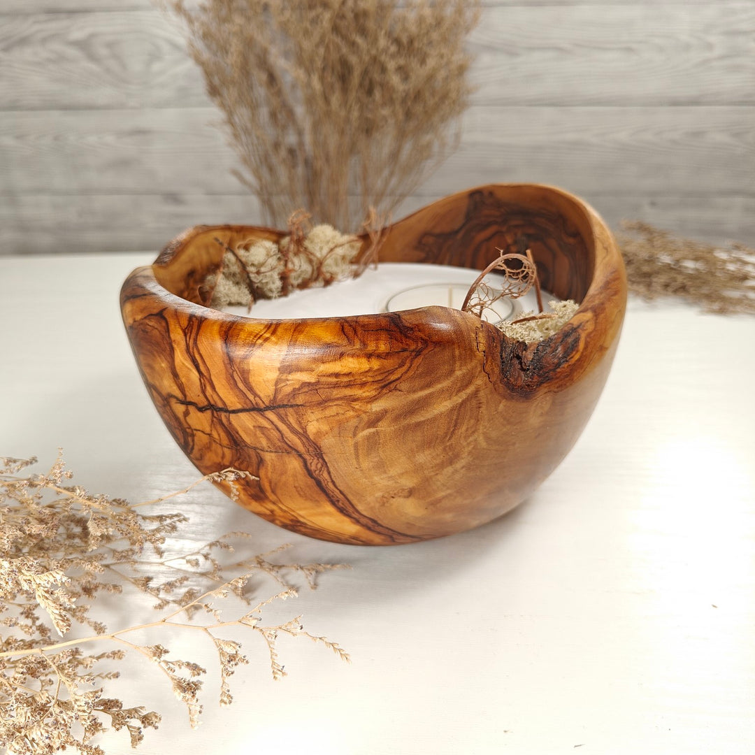 Teelicht-Kerze in Olivenholzschale, TRC-XL-00048, D 19cm, 60mm Teelicht