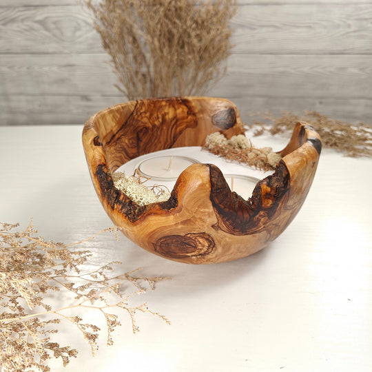 Teelicht-Kerze in Olivenholzschale, TRC-XL-00049, D 18cm, 60mm Teelicht