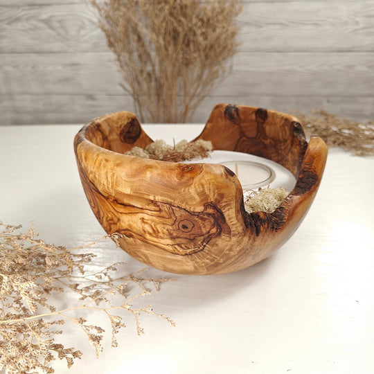 Teelicht-Kerze in Olivenholzschale, TRC-XL-00049, D 18cm, 60mm Teelicht