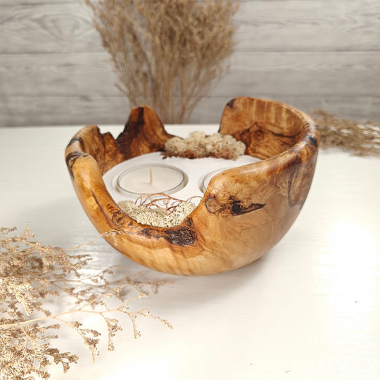 Teelicht-Kerze in Olivenholzschale, TRC-XL-00049, D 18cm, 60mm Teelicht