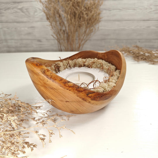 Teelicht-Kerze in Olivenholzschale, TRC-XL-00050, D 18cm, 60mm Teelicht