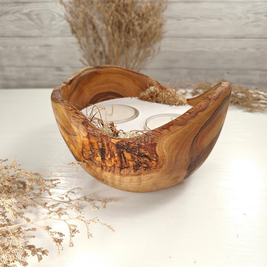 Teelicht-Kerze in Olivenholzschale, TRC-XL-00051, D 18cm, 60mm Teelicht