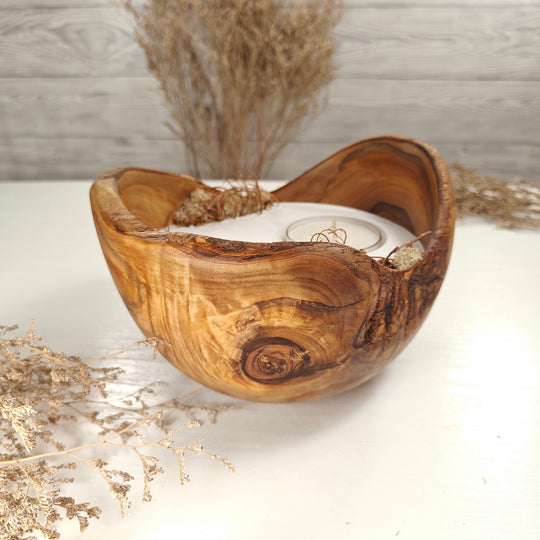 Teelicht-Kerze in Olivenholzschale, TRC-XL-00051, D 18cm, 60mm Teelicht