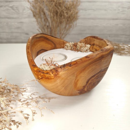 Teelicht-Kerze in Olivenholzschale, TRC-XL-00051, D 18cm, 60mm Teelicht