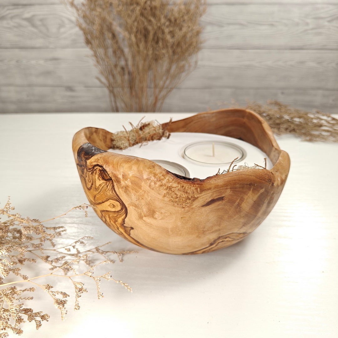 Teelicht-Kerze in Olivenholzschale, TRC-XL-00058, D 18cm, 60mm Teelicht