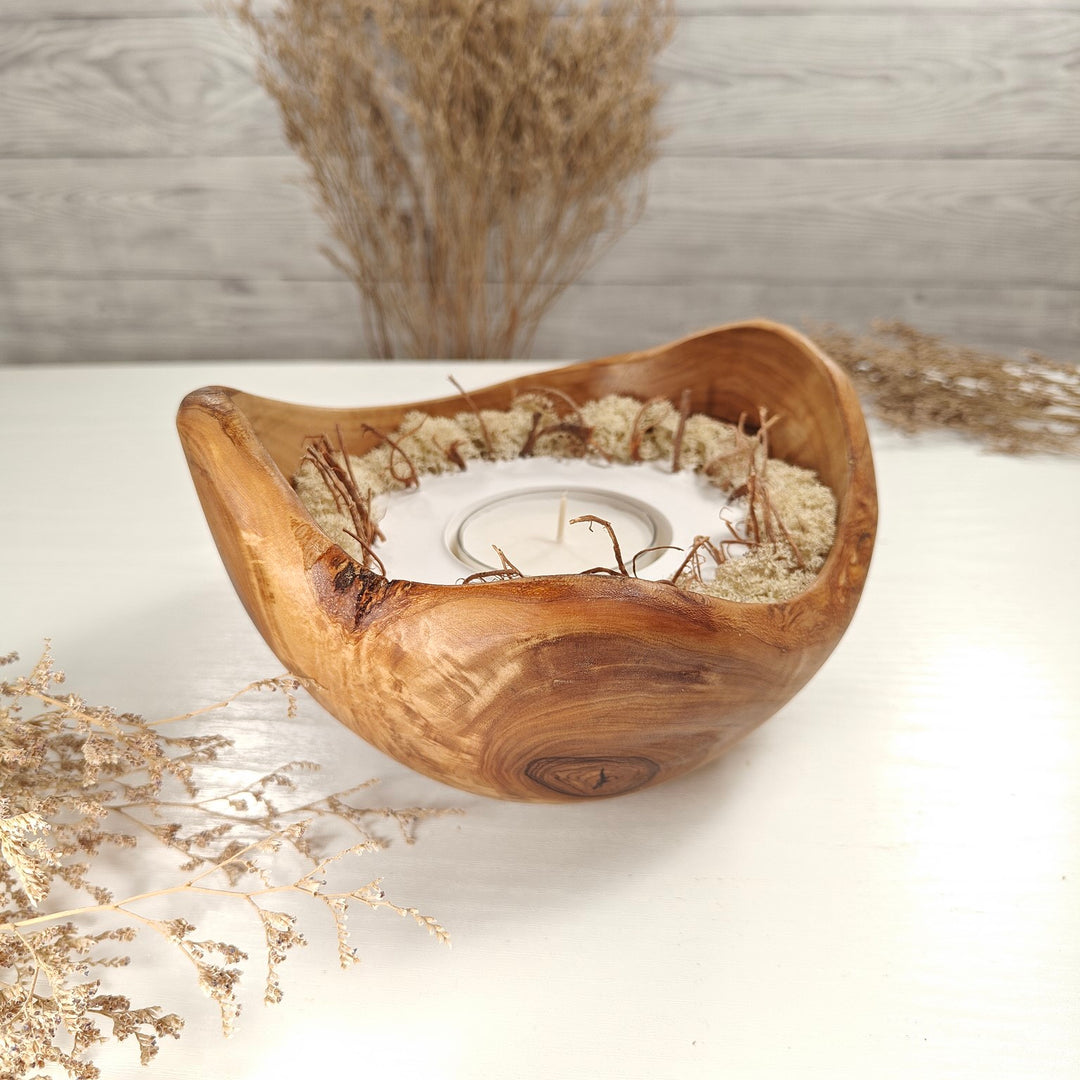 Teelicht-Kerze in Olivenholzschale, TRC-XL-00059, D 19cm, 60mm Teelicht