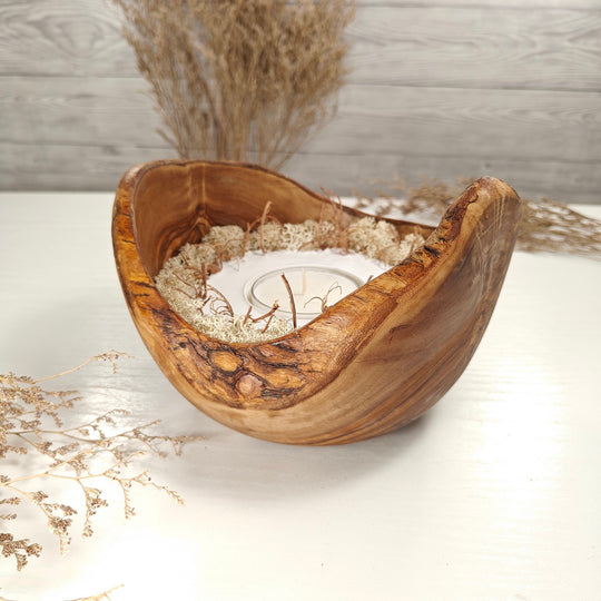 Teelicht-Kerze in Olivenholzschale, TRC-XL-00060, D 18cm, 60mm Teelicht