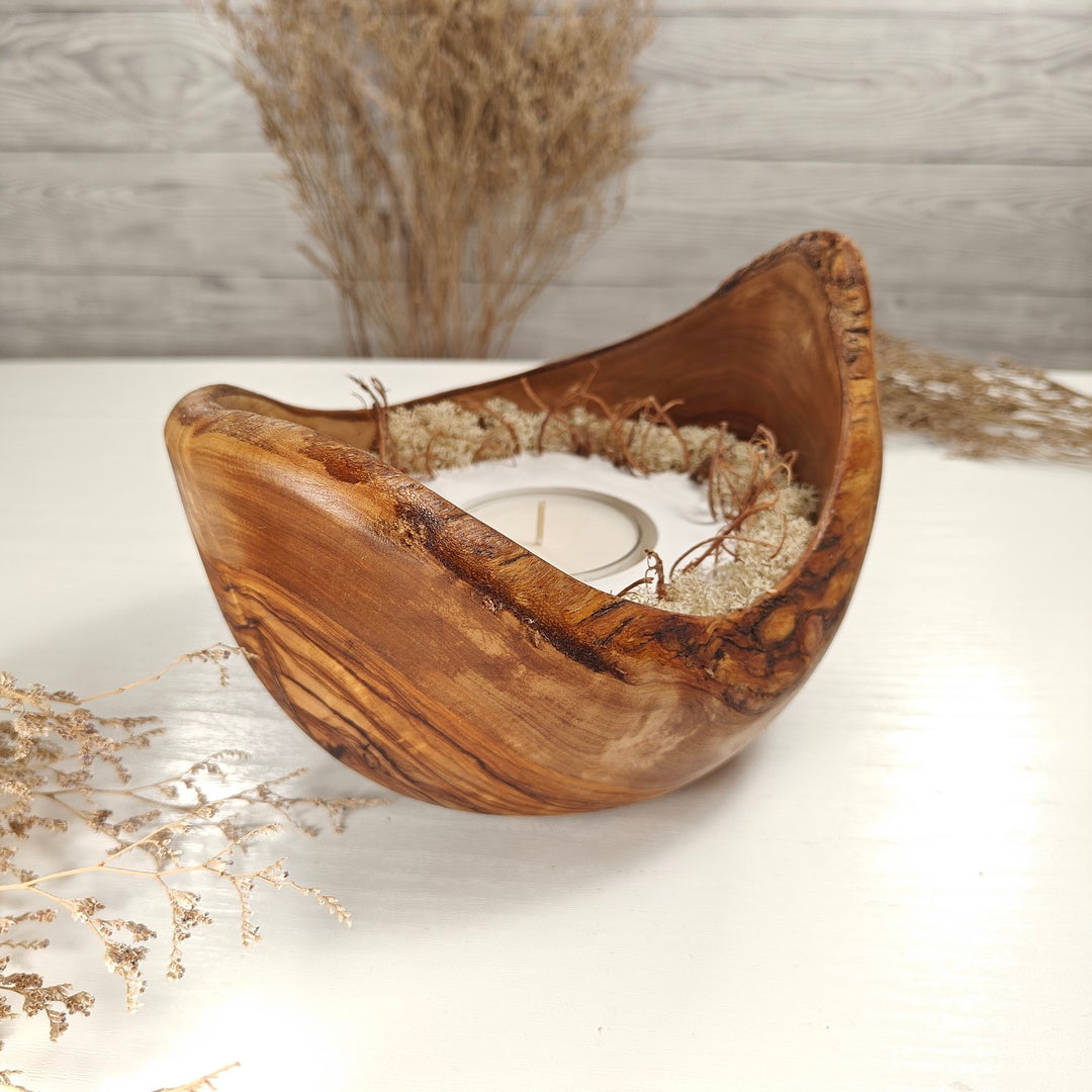Teelicht-Kerze in Olivenholzschale, TRC-XL-00060, D 18cm, 60mm Teelicht