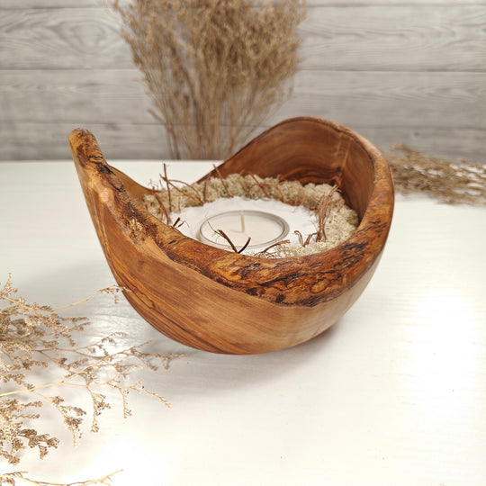 Teelicht-Kerze in Olivenholzschale, TRC-XL-00060, D 18cm, 60mm Teelicht