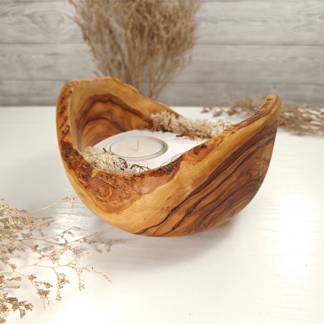 Teelicht-Kerze in Olivenholzschale, TRC-XL-00061, D 18cm, 60mm Teelicht